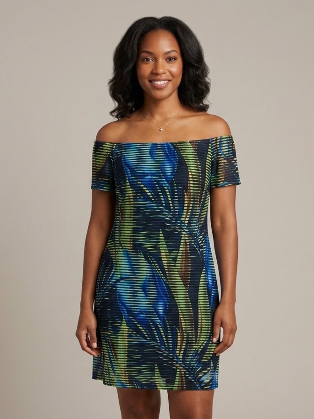 Joseph Ribkoff Off Shoulder Tropical Dress Blue Green Summer Wedding Garden sz 6
